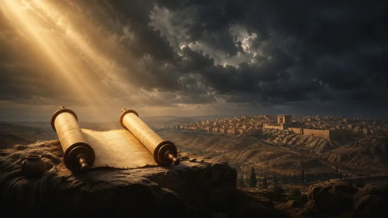 Pergaminho aberto diante de Jerusalém sob luz dourada, simbolizando a Torá, o Tanakh e a fidelidade de Deus através das alianças bíblicas.