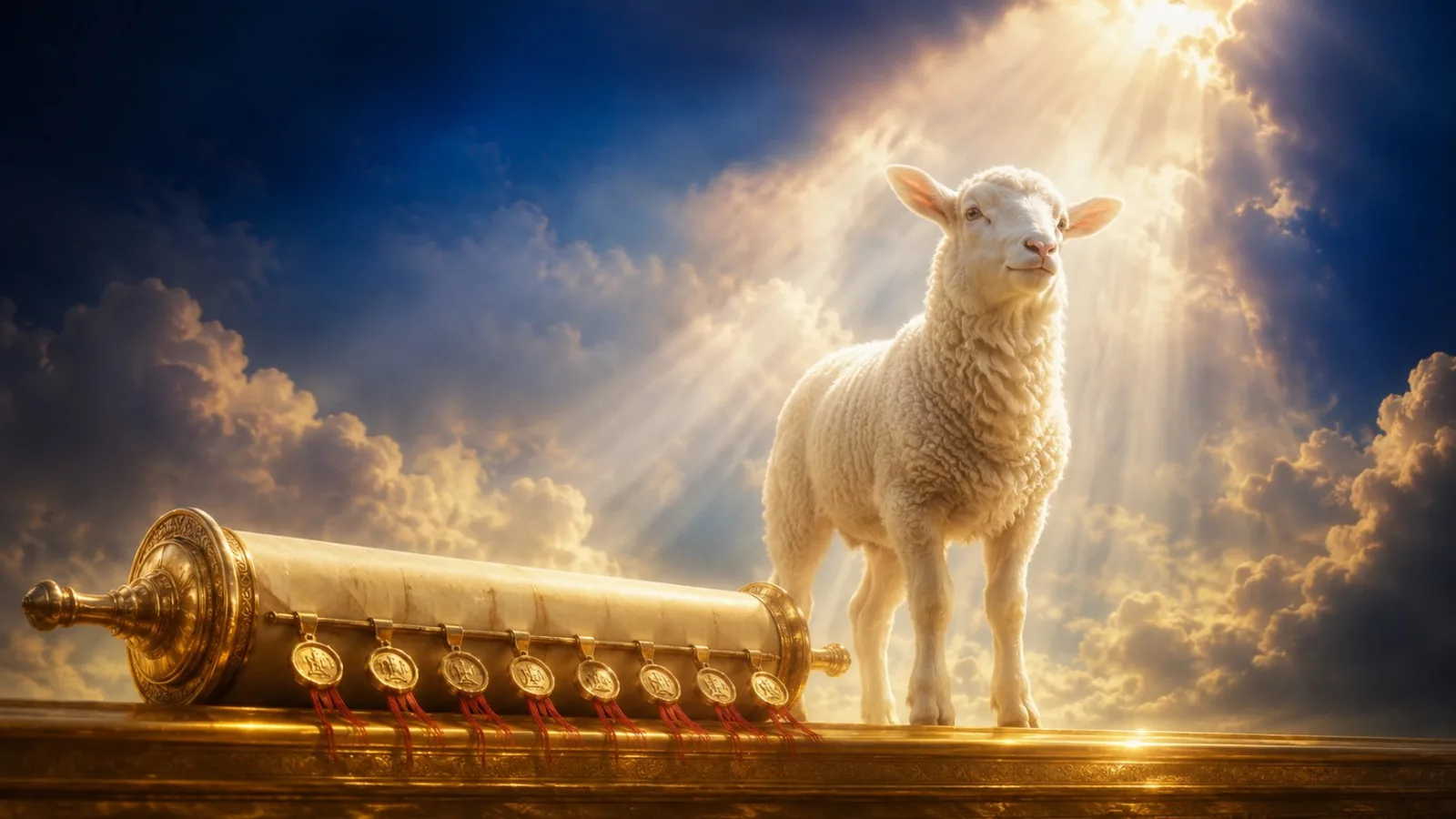 Cordeiro em pé diante de um livro selado, simbolizando Yeshua como o único digno em Apocalipse 5