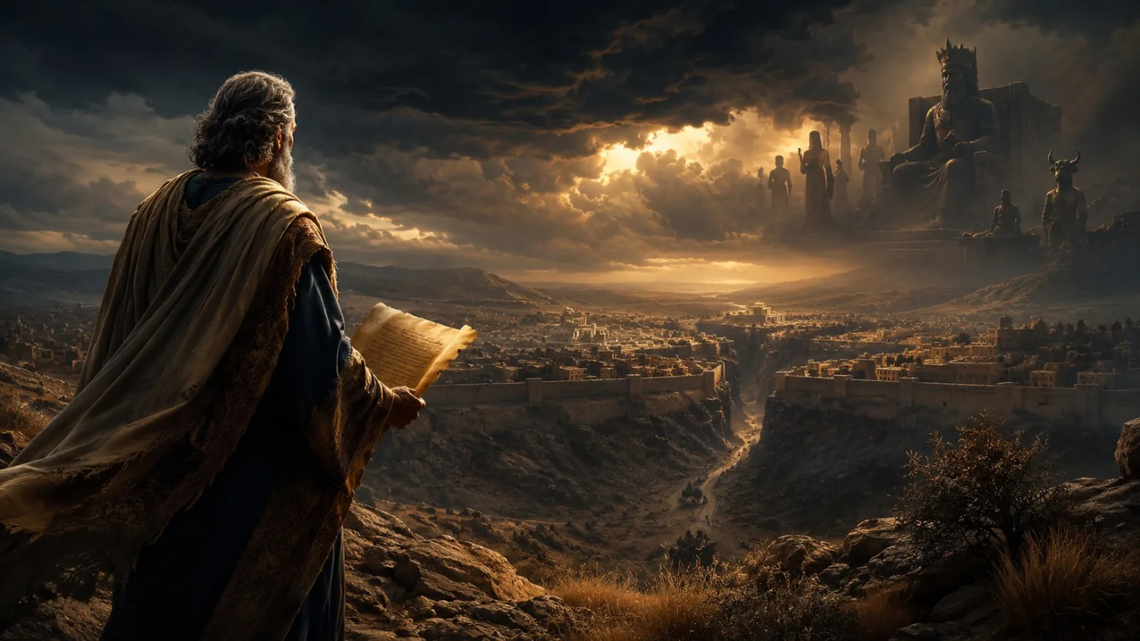Profeta com pergaminho diante de uma cidade antiga, simbolizando as advertências de Deus a Israel e Judá.