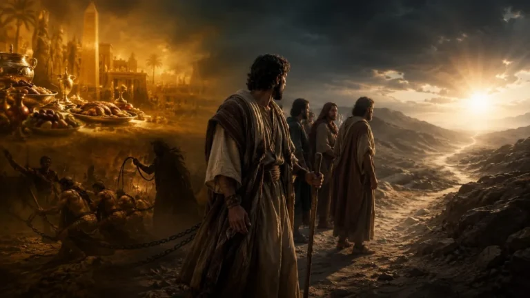 Israelitas no deserto olhando para trás, com o Egito ao fundo, simbolizando a tentação de voltar ao pecado depois da libertação.