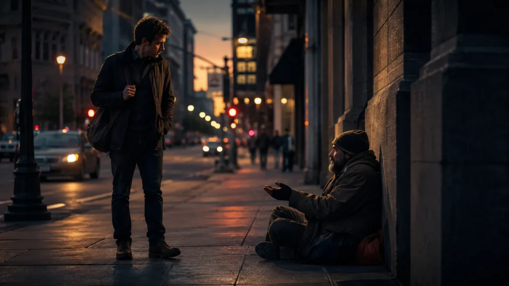 Pessoa se aproximando de alguém em situação de vulnerabilidade na rua, simbolizando o chamado cristão à misericórdia e ao amor prático.